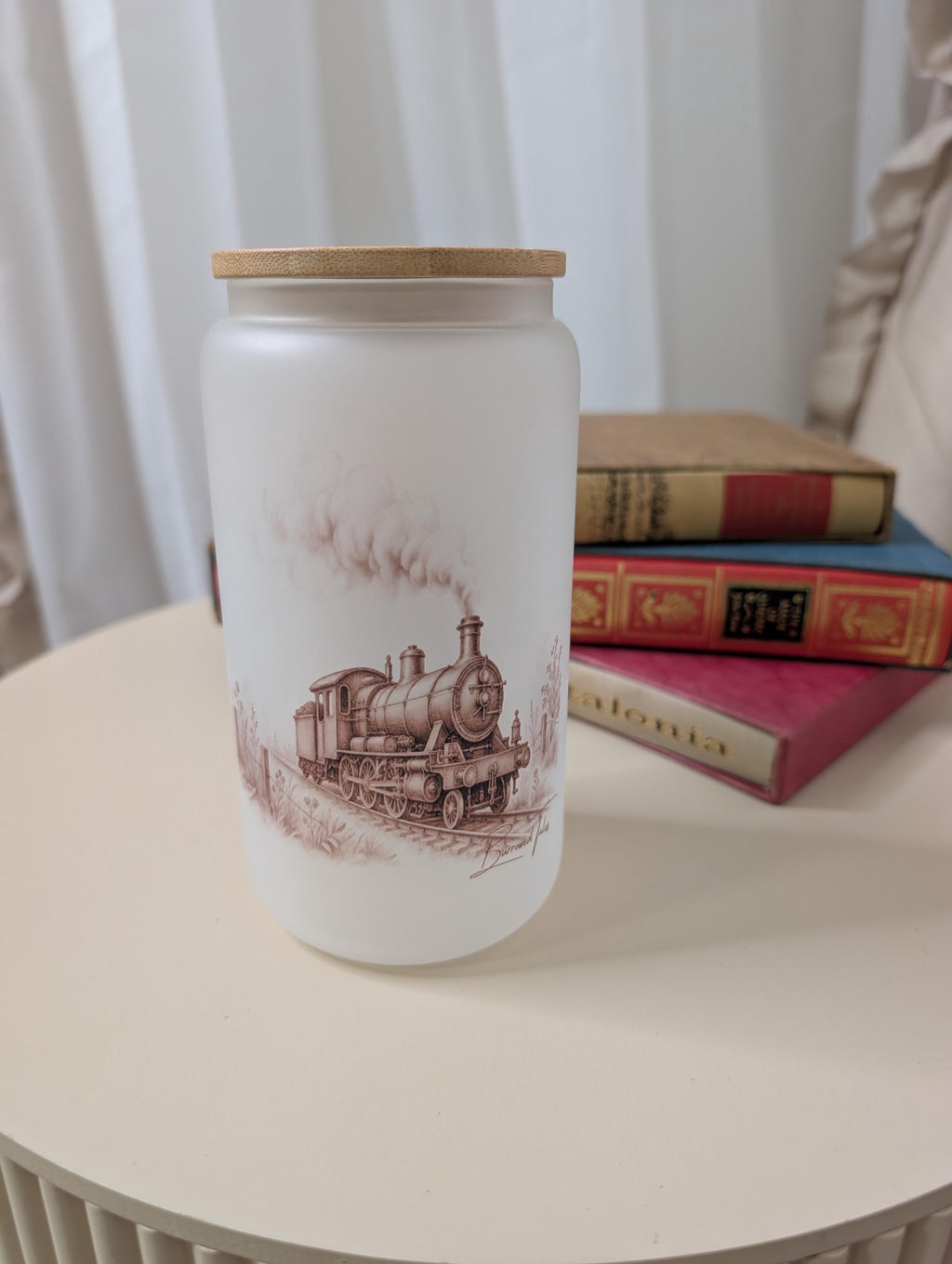 Vintage Steam Train Frosted Glass Tumbler | Railway Enthusiast Gift | 16oz Glass Cup