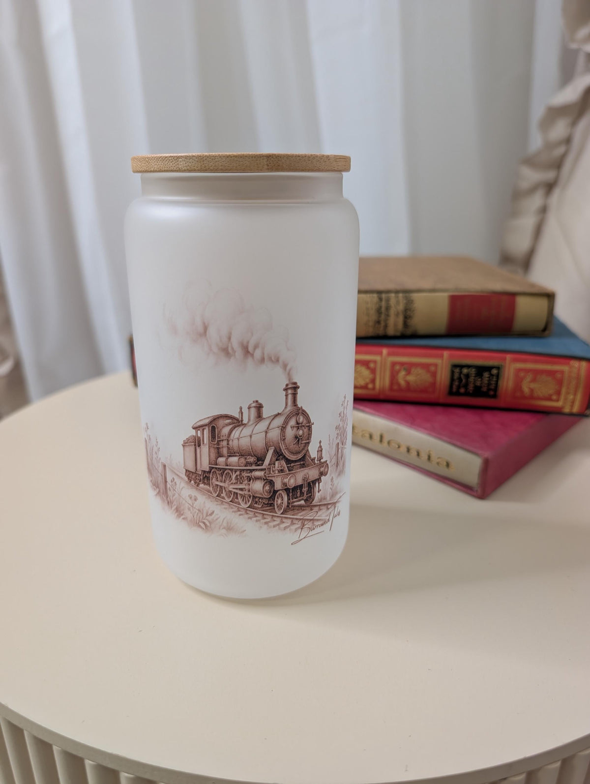 Vintage Steam Train Frosted Glass Tumbler | Railway Enthusiast Gift | 16oz Glass Cup