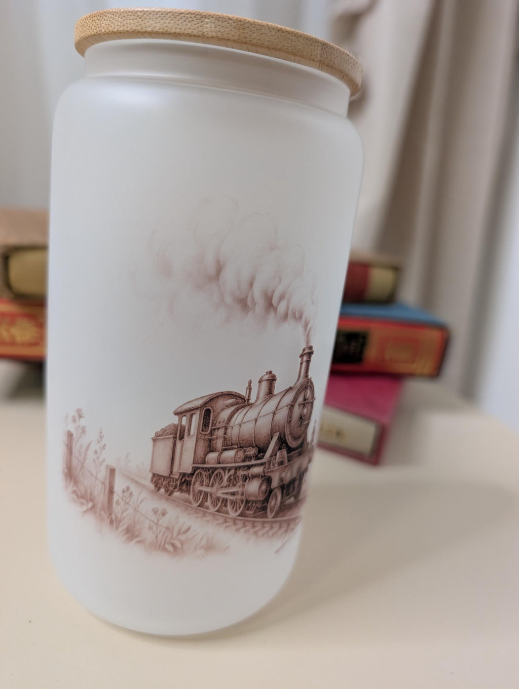 Vintage Steam Train Frosted Glass Tumbler | Railway Enthusiast Gift | 16oz Glass Cup