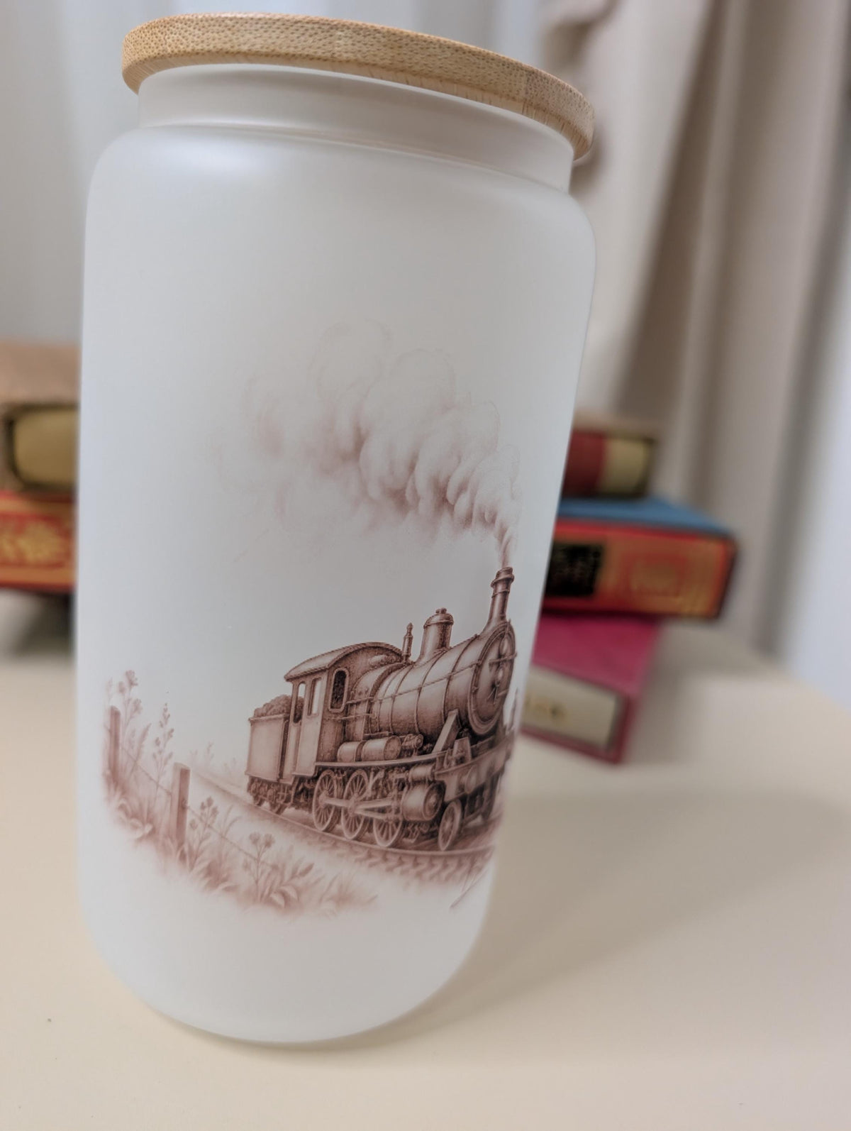 Vintage Steam Train Frosted Glass Tumbler | Railway Enthusiast Gift | 16oz Glass Cup